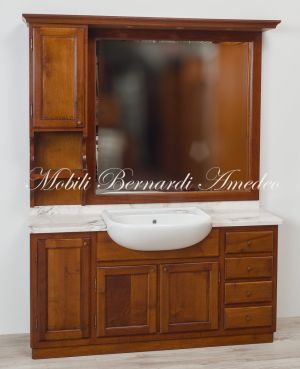 Mobile bagno stile classico arte povera in noce massiccio con piano in marmo rosa Portogallo completo di lavello e specchiera